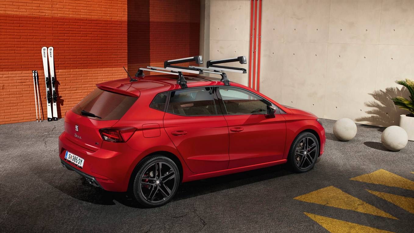 Ibiza in rot mit Ski Dachträger und Ski im Hintergrund