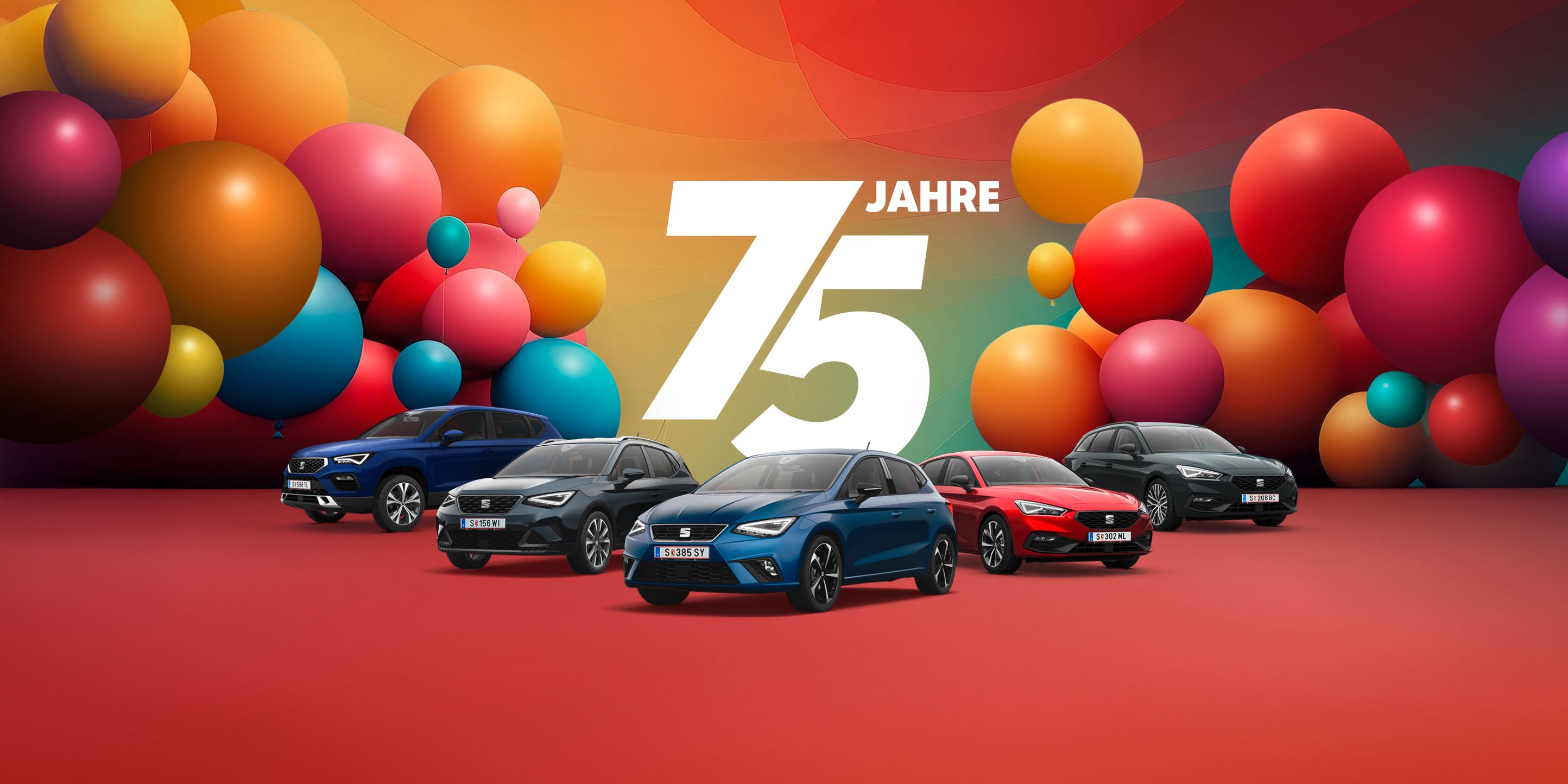 Jubiläumsangebot zum 75-jährigen Bestehen – farbenfrohe Luftballons und eine Darstellung aller Modelle 