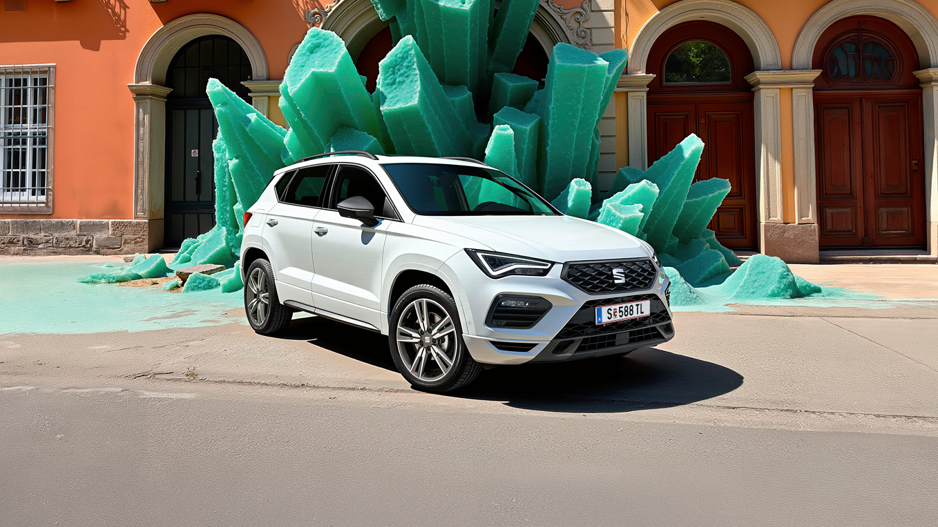 Der SEAT Ateca Seitenansicht in weiß vor grünen Kristallen und Gebäude im Hintergrund.