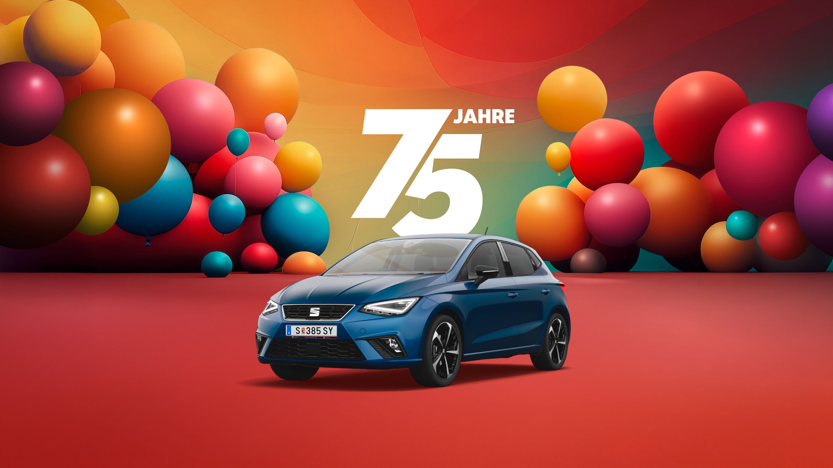 75 Jahre SEAT mit Luftballons und dem SEAT Ibiza