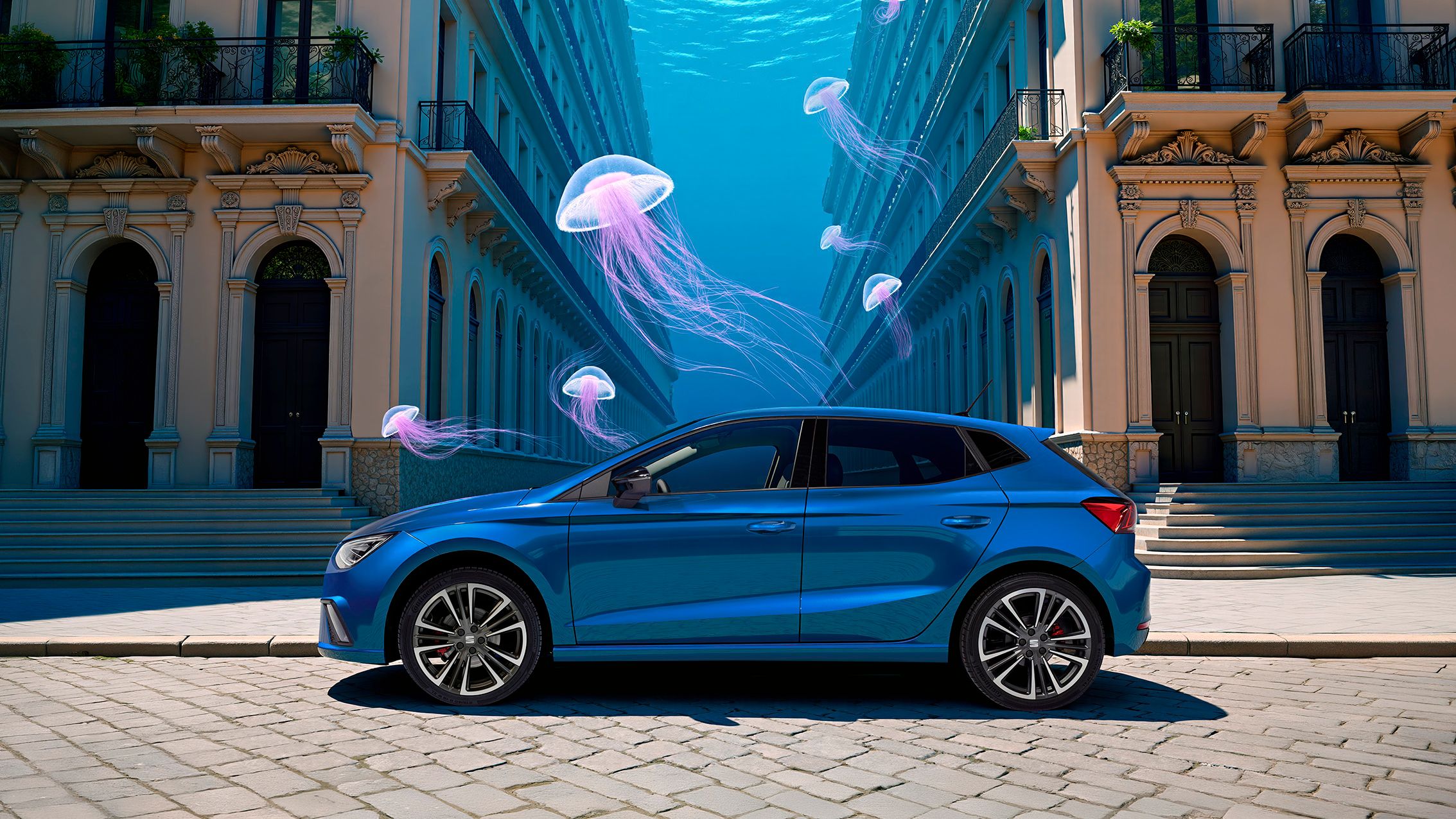 Der SEAT Ibiza auf der Straße in blau mit blauem Wasser und Quallen zwischen den Gebäuden. 