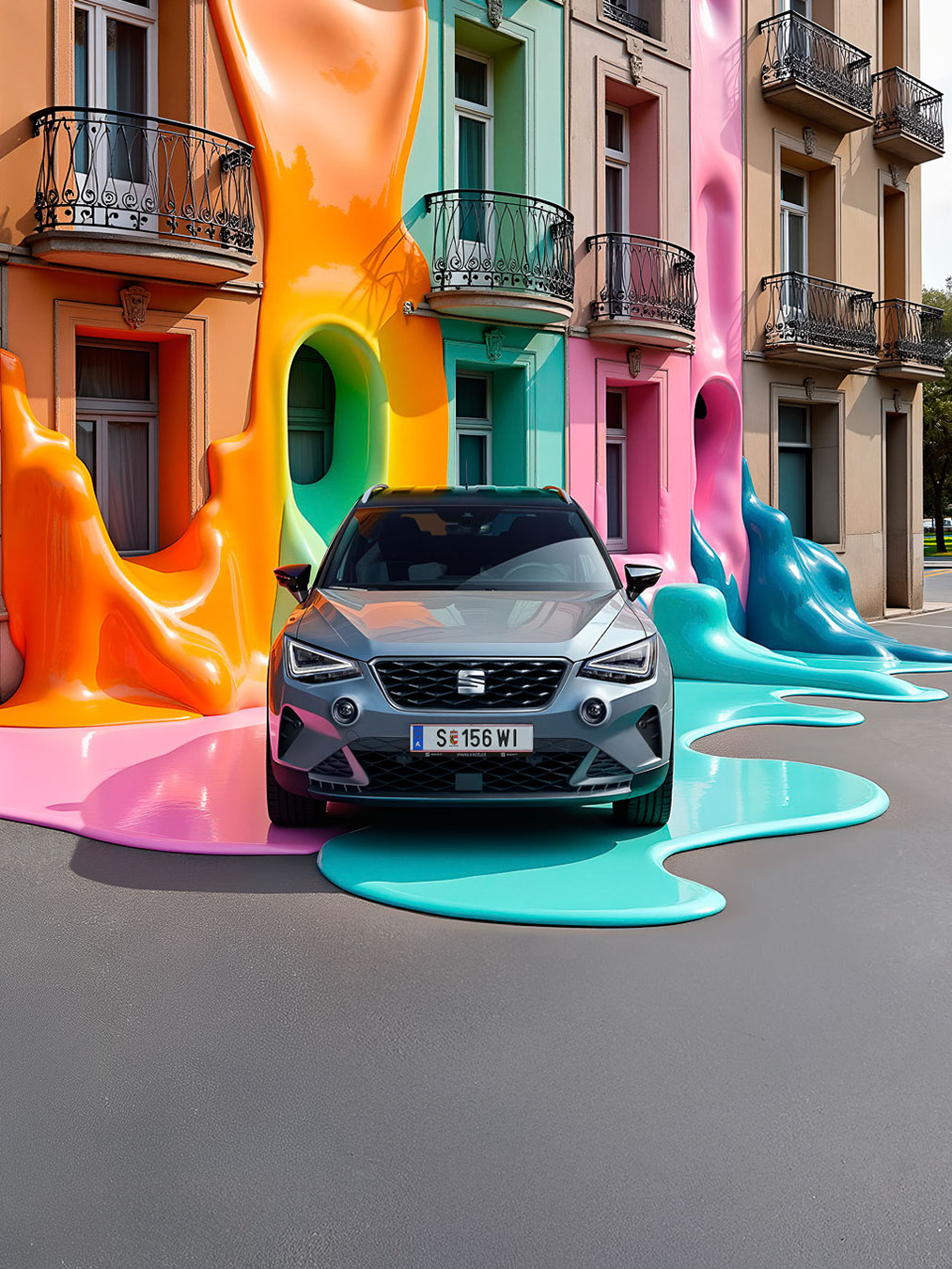 SEAT Arona Frontansicht mit Haus und bunter Farbe im Hintergrund.
