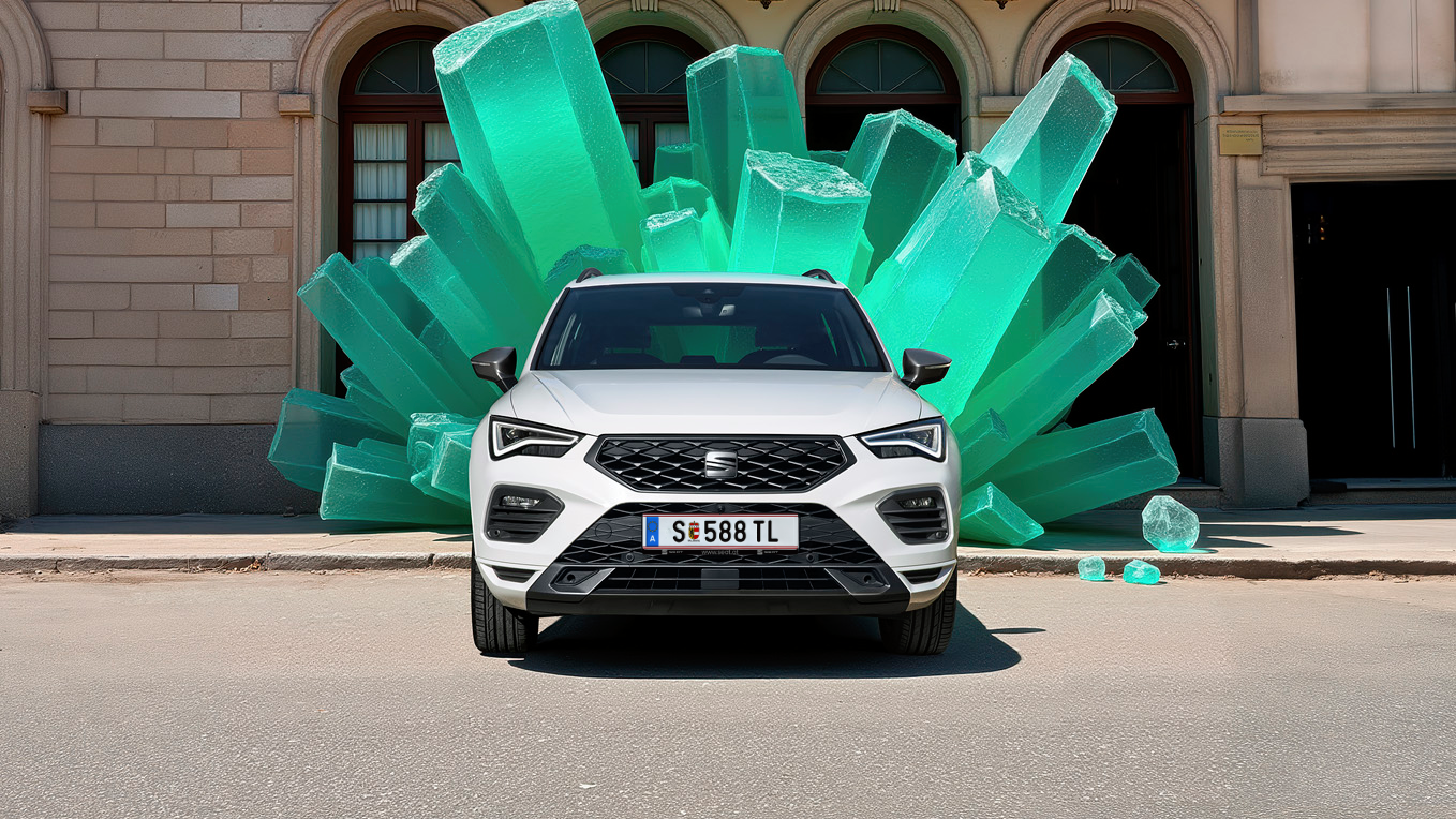 Der SEAT Ateca Frontansicht in weiß vor grünen Kristallen und Gebäude im Hintergrund.