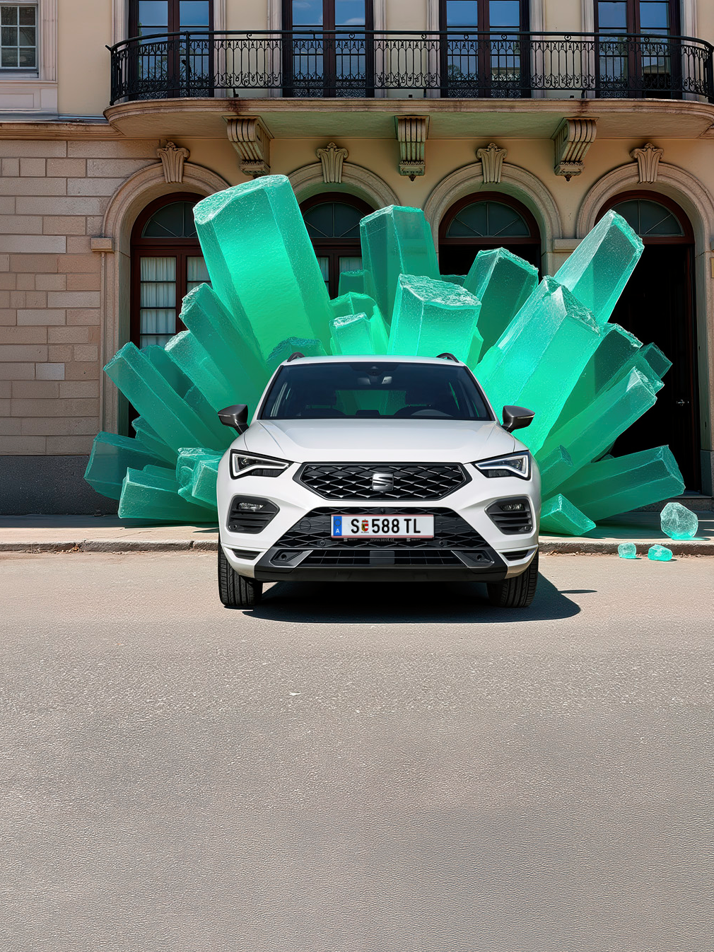 Der SEAT Ateca Frontansicht in weiß vor grünen Kristallen und Gebäude im Hintergrund.