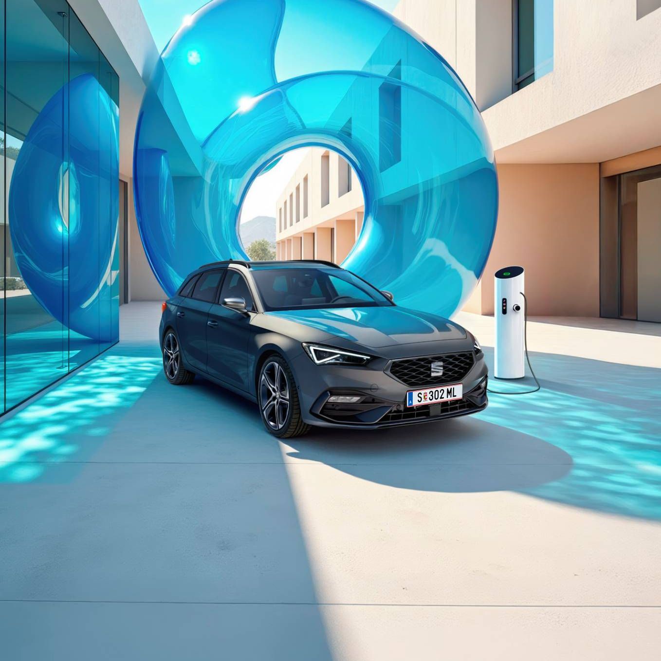 Der SEAT Leon Kombi beim Laden mit Ladesäule und blauen Ballons dahinter