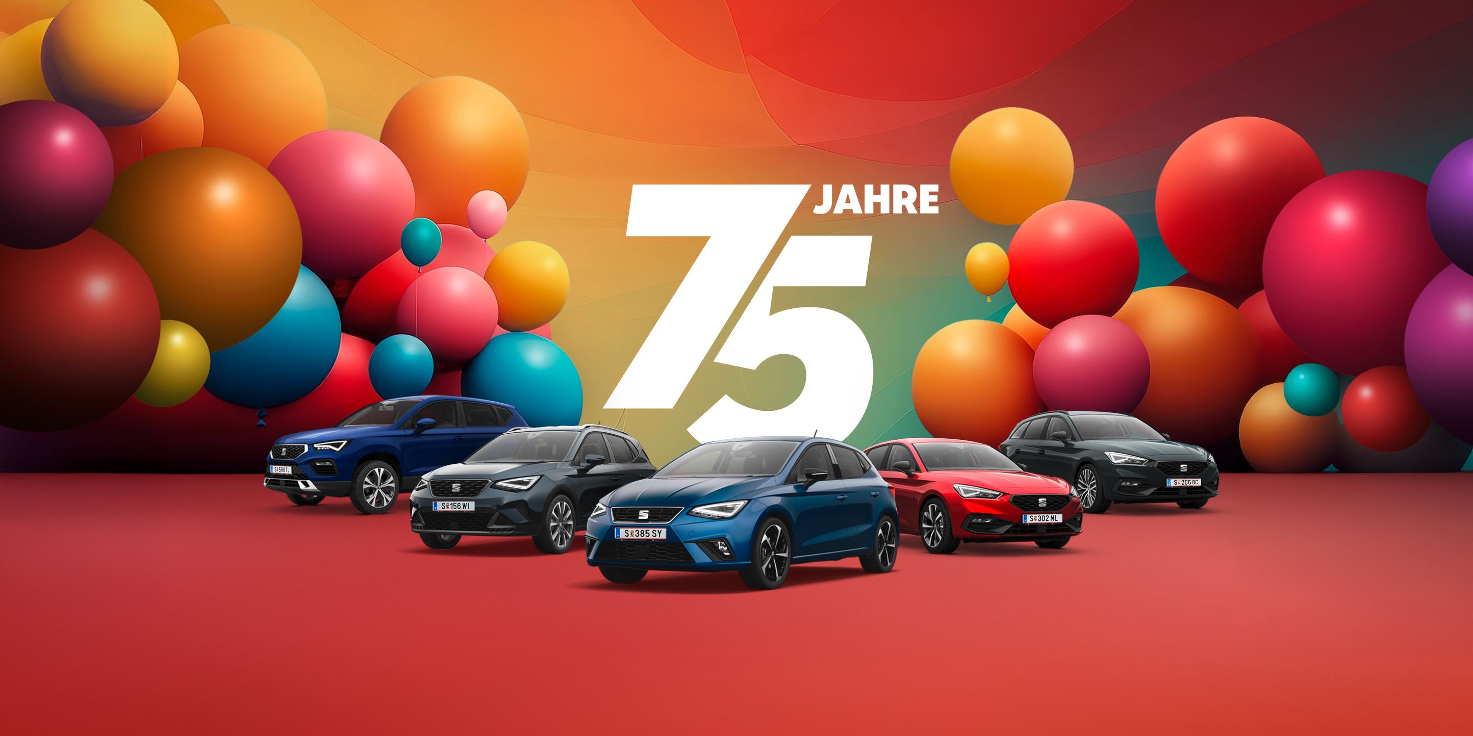 Jubiläumsangebot zum 75-jährigen Bestehen – farbenfrohe Luftballons und eine Darstellung aller Modelle 