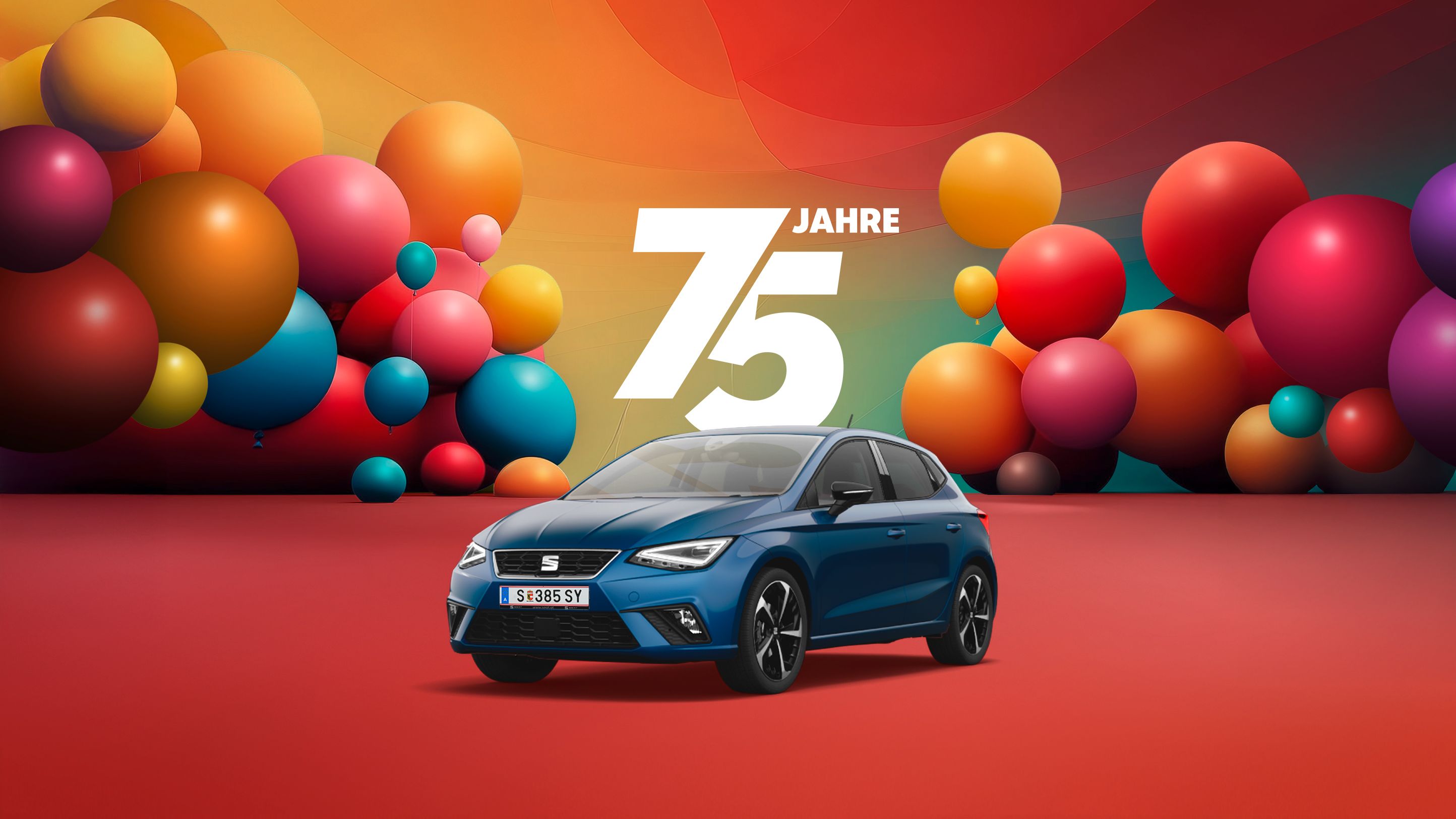 Jubiläumsangebot zum 75-jährigen Bestehen – farbenfrohe Luftballons und eine Darstellung von einem blauen SEAT Ibiza