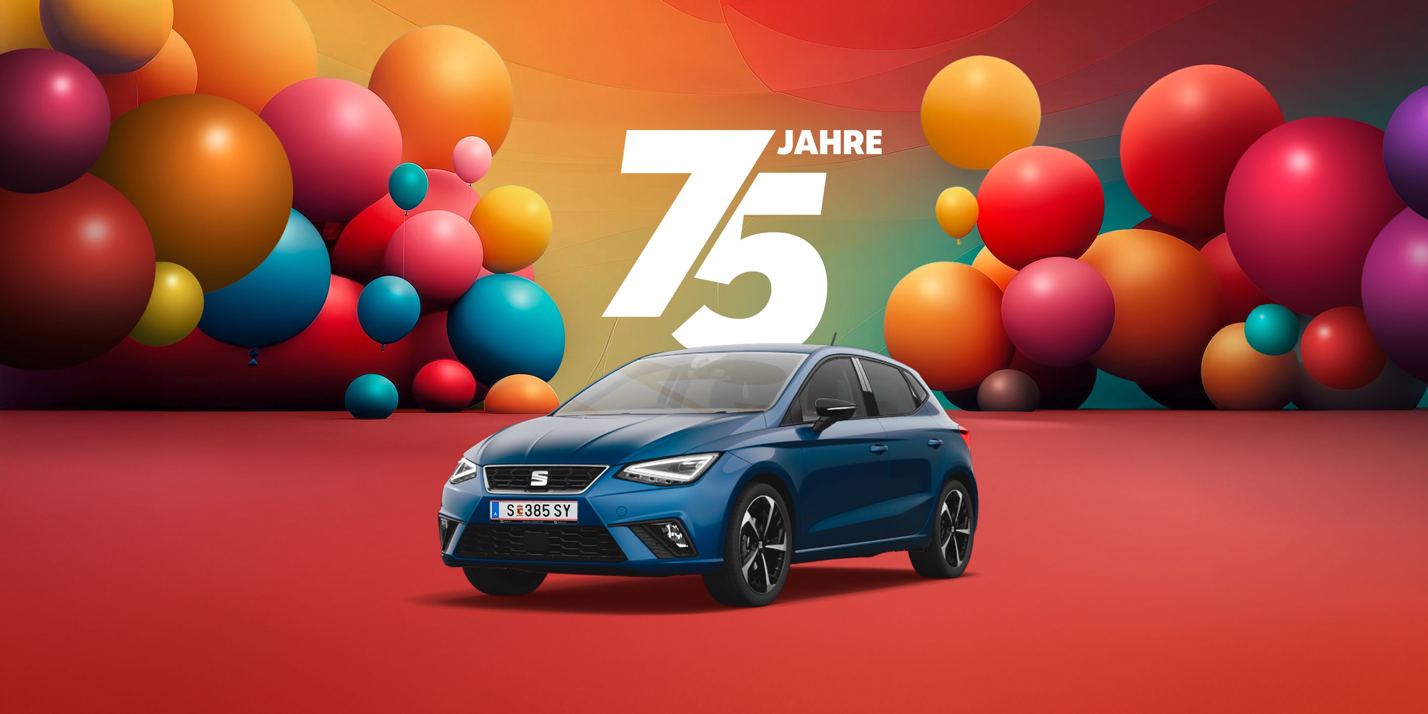 75 Jahre SEAT mit Luftballons und dem SEAT Ibiza