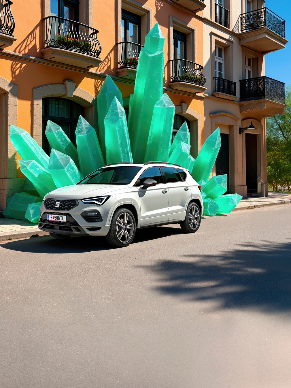 Der SEAT Ateca Seitenansicht in weiß vor grünen Kristallen und Gebäude im Hintergrund.