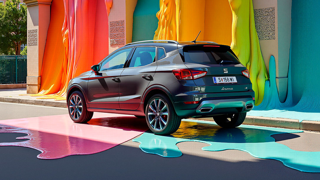 SEAT Arona Seitenansicht mit Haus und bunter Farbe im Hintergrund