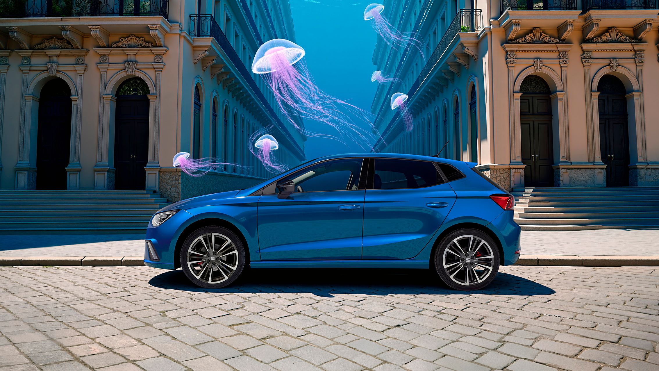 Der SEAT Ibiza auf der Straße in blau mit blauem Wasser und Quallen zwischen den Gebäuden. 