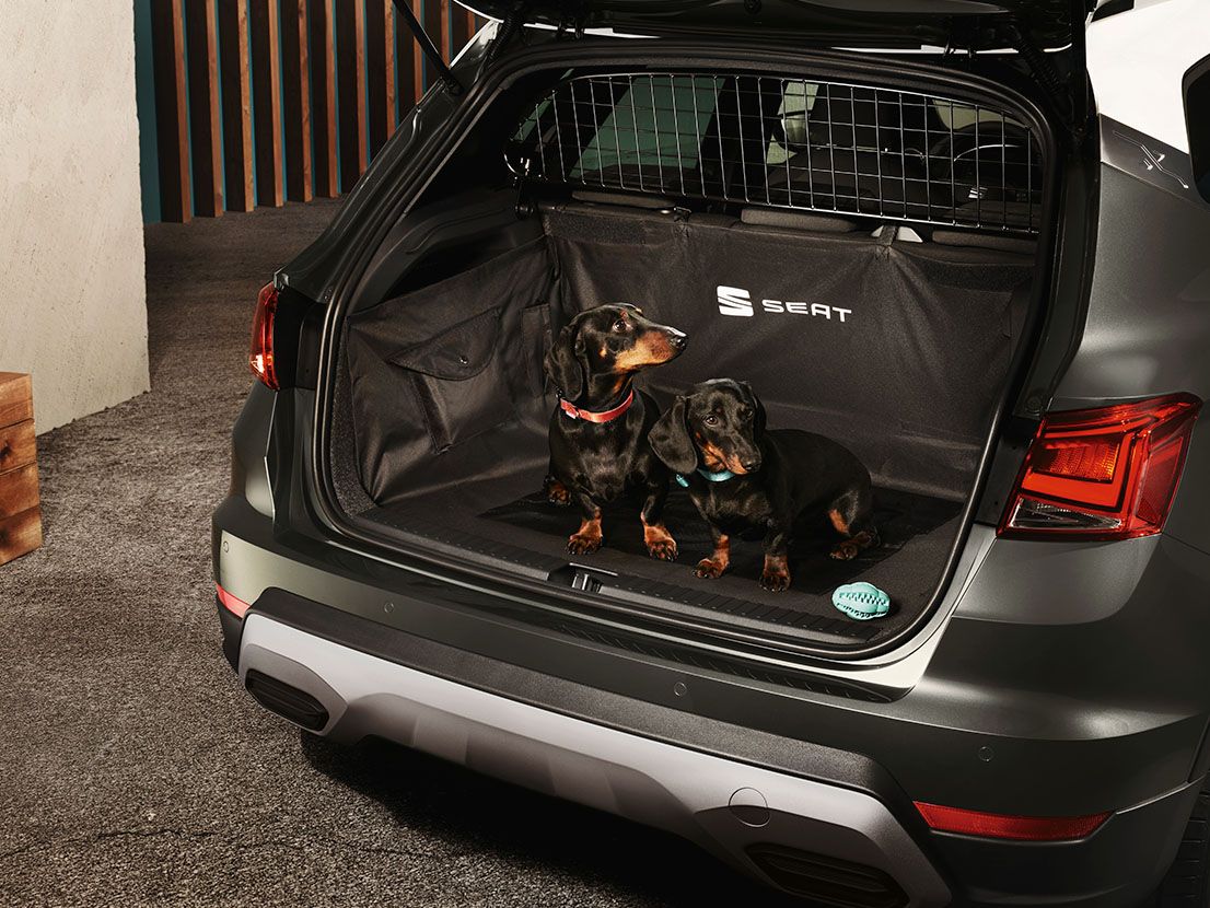 Hunde im Kofferraum eines SEAT Arona mit Trenngitter und Kofferraumschoner