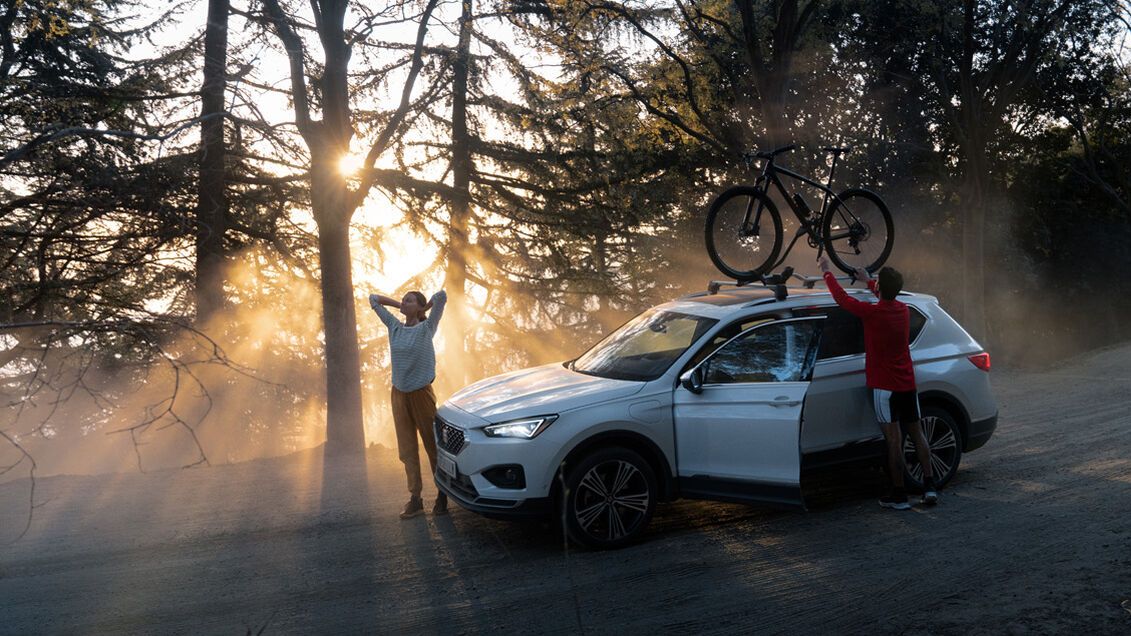 Ein weißer SEAT Tarraco mit Fahrraddachträger an einer Straße im Wald