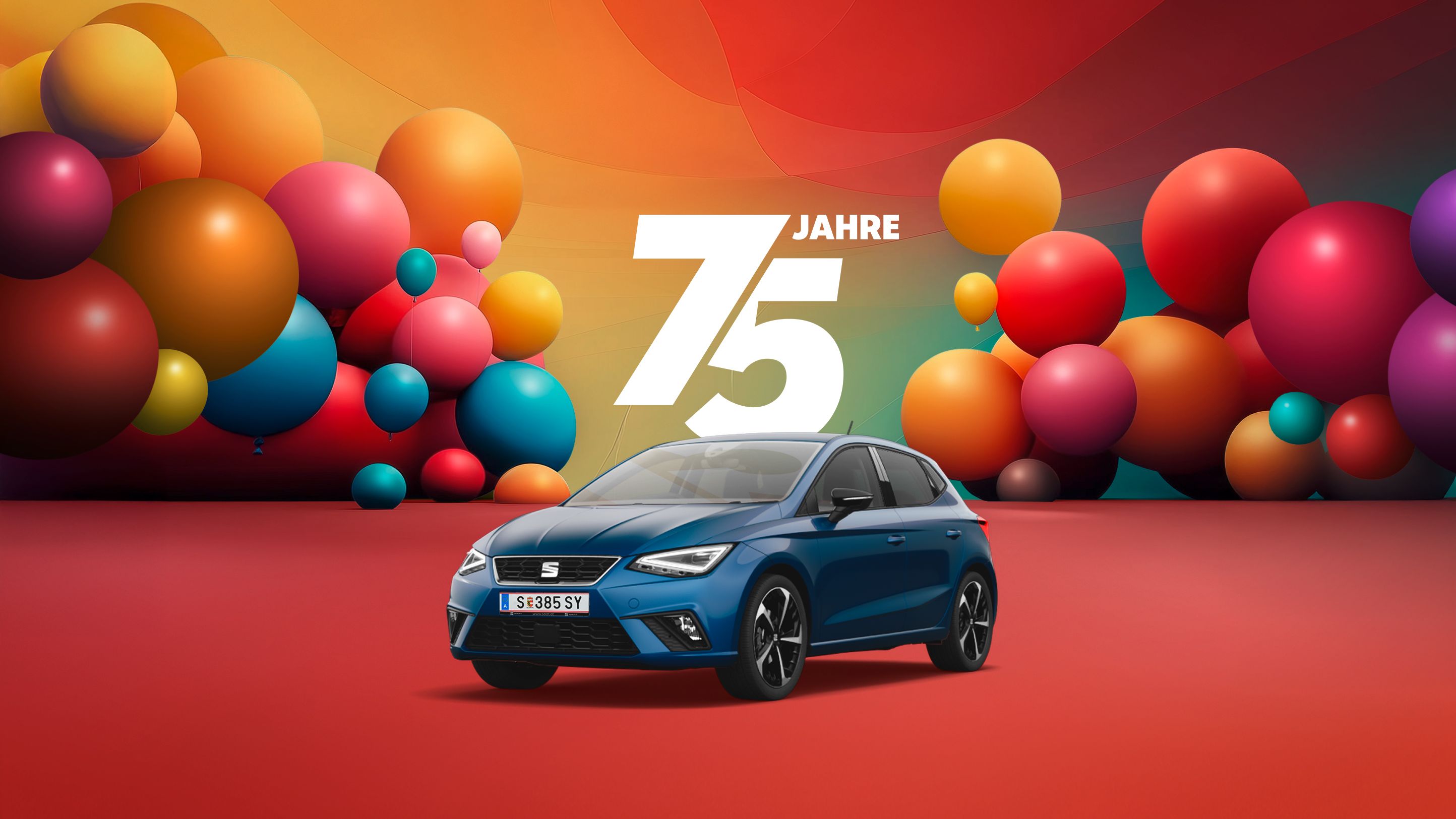 Jubiläumsangebot zum 75-jährigen Bestehen – farbenfrohe Luftballons und eine Darstellung von einem blauen SEAT Ibiza